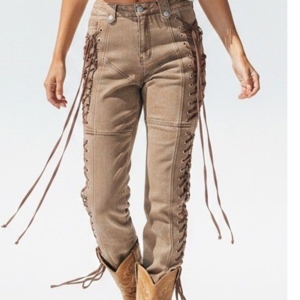 Fashion Nova Lace Up Skinny Jeans XL Khaki Brown Side Tie High Rise Moto Pants